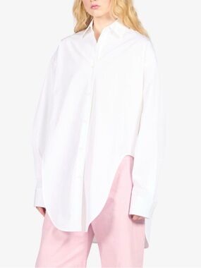 LOEWE curved hem asymmetric long line white cotton poplin button down - size 34